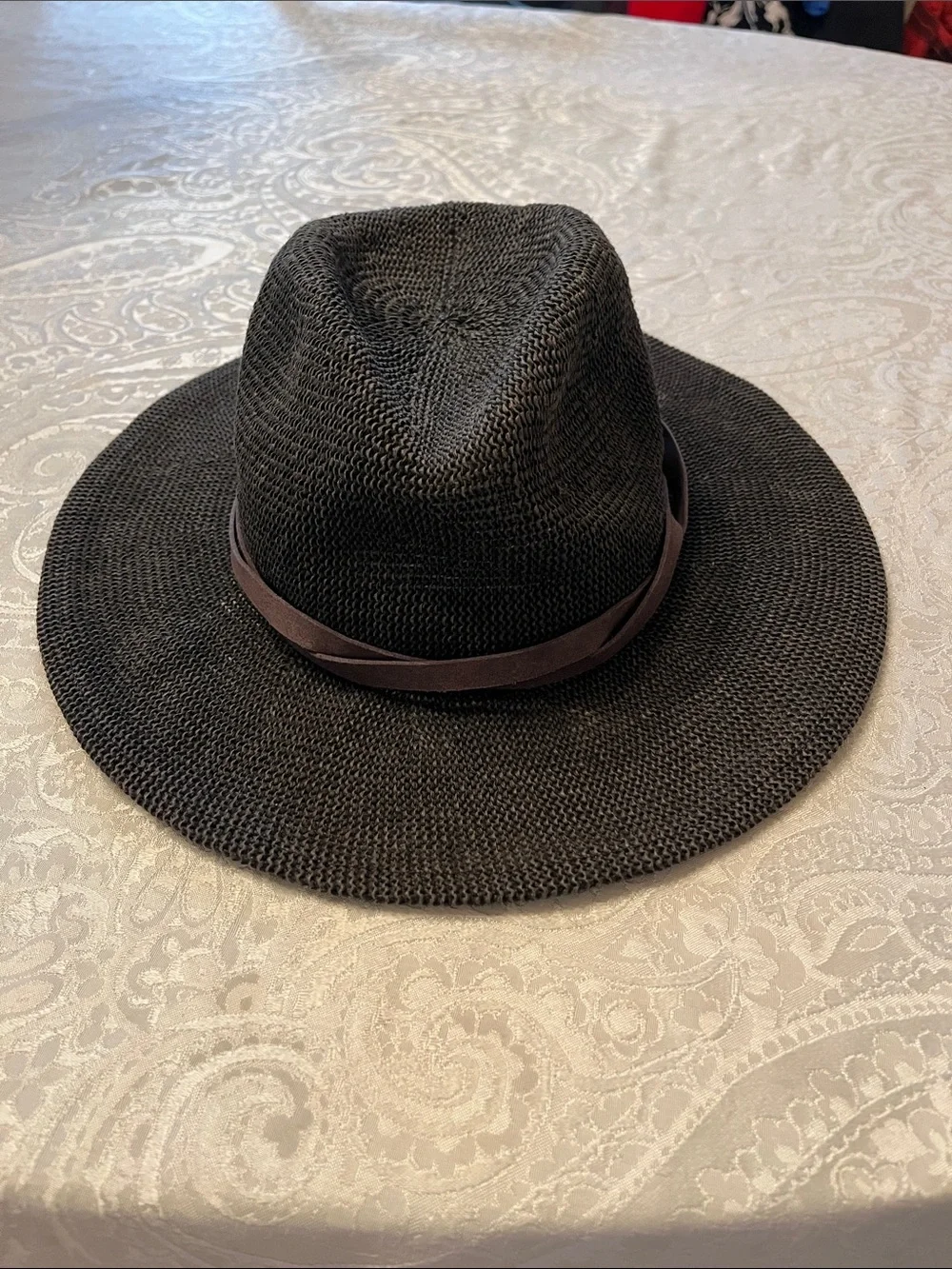 Free People Black Braided paper Fedora with Brown Band Trim in EUC